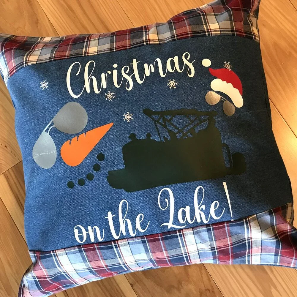 Holiday Lake Scene Pillow Cover, Appliqued Christmas on the Lake w/Pontoon 18x18